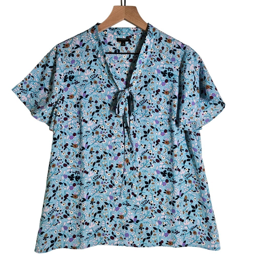 Talbots Floral Print‎ Tie Neck Blouse Short Sleeve M Aqua Blue
